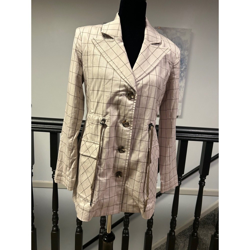 Cabi Mythical Windowpane Jacket 6026 Taupe Plaid Drawstring Waist Small NWT